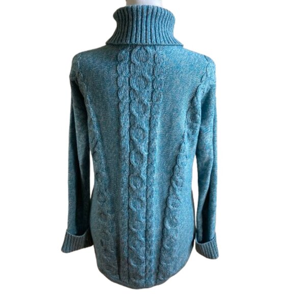 L.L. Bean Women's Sweater Cotton Cable Knit LS Turtleneck Marled Teal, sz Small - Picture 3 of 11